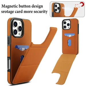 Detalle de la funda de cuero con ranura para tarjetas y soporte magnético plegable.