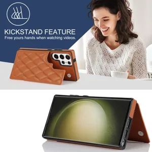 Funda de teléfono acolchada de cuero marrón con soporte billetera para samsung