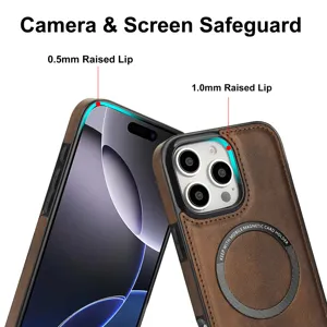 Coque de téléphone magnétique en cuir marron compatible iPhone protection écran caméra