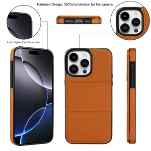 Detalle de la funda de cuero para teléfono con protección de cámara y tarjetero iPhone.