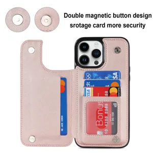 Pink leather phone case with card slots and double magnetic buttons for iPhone 16 Pro Max.