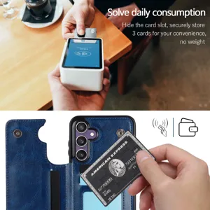 Funda de cartera de cuero azul elegante con ranuras para tarjetas y cierre magnético.