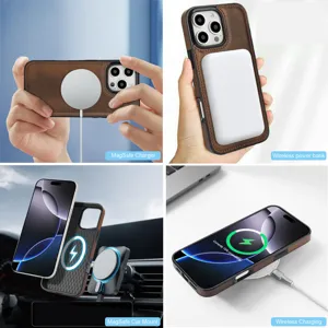Coque de téléphone en cuir magnétique compatible charge sans fil et protection antichute.