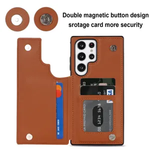 Funda de cartera de piel para Samsung Ultra con ranuras para tarjetas y botones magneticos dobles.