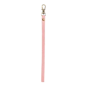 Pink leather wrist strap detail, bronze metal clasp and rivet, replacement phone lanyard.
