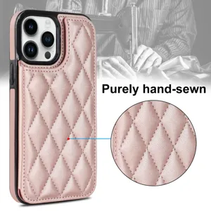 Pink quilted leather phone case with card slot and exquisite hand-sewn diamond lattice design.