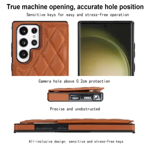 Fundas de teléfono de cuero acolchado marrón con tarjetero y protección para Samsung.