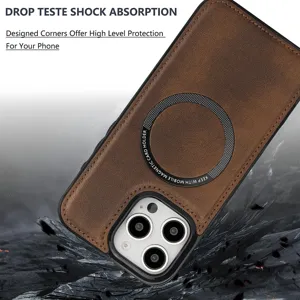 Coque de téléphone magnétique en cuir marron avec coins antichop et anneau de charge sans fil.