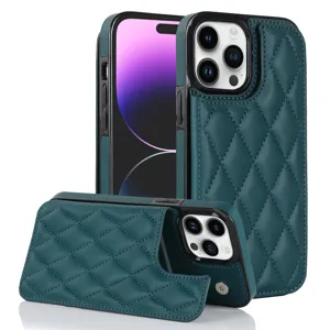 Premium dark green quilted leather phone case with card slot and wallet stand for iPhone.