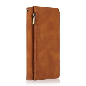 Brown leather wallet phone case detail with zipper pocket and lanyard hole for smartphone protection.