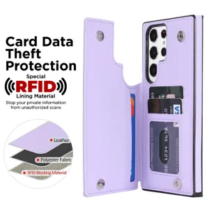 Funda de cuero tipo cartera Samsung S25 Ultra con ranuras para tarjetas y doble botón de presión.