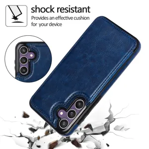 Primer plano detallado del recorte de la cámara y la textura de cuero azul de la funda.