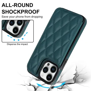 Dark green quilted leather phone case with card slot and camera protection detail view.