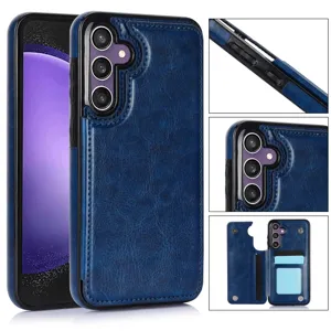 Funda de cuero azul para teléfono con ranuras para tarjetas y protección elegante.