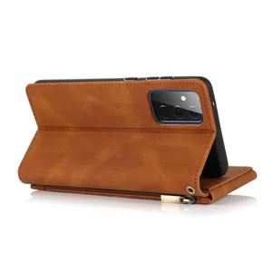 Detail view of the brown leather wallet phone case with zipper pocket and card slots stand.