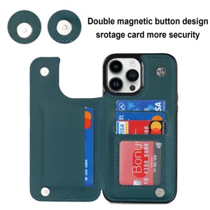 Dark green leather phone wallet case detail featuring dual magnetic snap buttons and card slots.