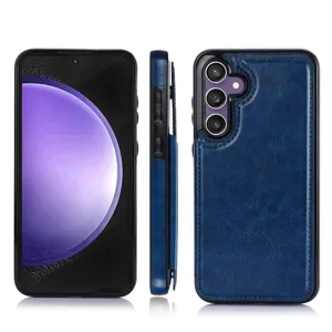 Vista detallada de funda de teléfono con solapa de cuero azul, con recortes precisos de cámara.