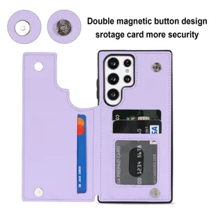 Fundas de cartera de cuero PU lavanda con ranuras para tarjetas y doble botón magnético.