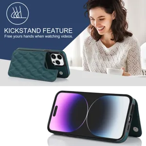 Quilted leather phone case with card holder and kickstand for iPhone 16 Pro Max, dark green