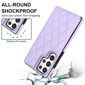 Funda de cartera acolchada de cuero púrpura con ranuras para tarjetas y esquinas a prueba de golpes.