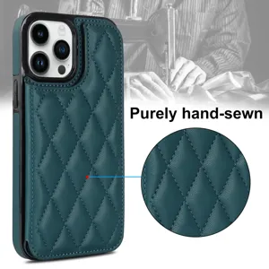 Dark green quilted leather phone case with card slot double buckle design for iPhone 16 Pro Max