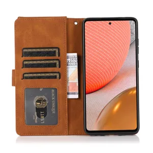 Brown leather flip phone case with multiple card slots and wallet design for Samsung