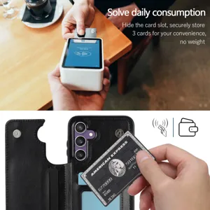Detalle en primer plano de la funda tipo cartera de cuero negro para móvil con tarjeteros.