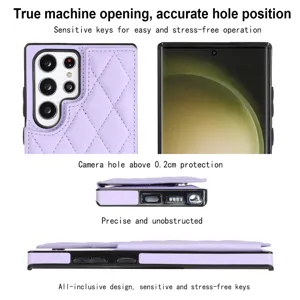 Vista detallada de la funda acolchada morada con protección de cámara y recortes precisos.