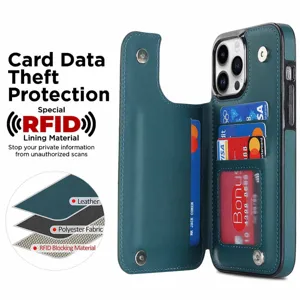 RFID blocking leather wallet phone case with multi card slots and magnetic double snap closure.