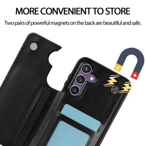 Funda tipo cartera de cuero PU negro con ranuras para tarjetas y cierre magnético fuerte.