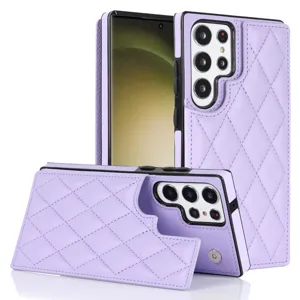 Funda de cuero acolchado morado para teléfono con tarjetero y doble hebilla para Samsung.