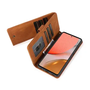 Brown PU leather wallet flip phone case with multiple card slots and cash pocket for Samsung.