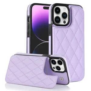 Detail view of purple quilted leather phone case with card slot pocket and double snap design.