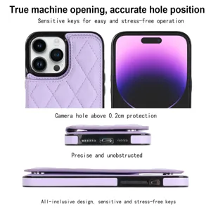 Purple quilted leather phone case with card holder for iPhone 16 Pro Max, precise protection
