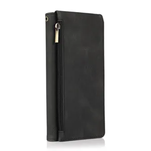 Black PU leather zipper wallet phone case with card slots and wrist strap hole detail.