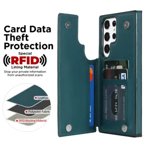 Funda cartera anti-RFID para teléfono con ranuras para tarjetas y doble botón de presión.