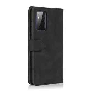 Detailed view of black leather wallet flip phone case with card slots and magnetic clasp.