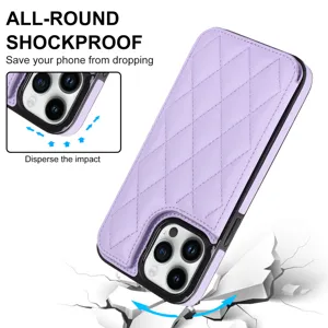 Purple quilted leather card case shockproof cover for iPhone 16 Pro Max with wallet slot.