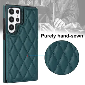 Funda de teléfono de cuero acolchado para Samsung, funda protectora verde oscura con tarjetero.