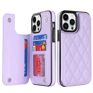 Purple quilted leather phone case with card slots and magnetic wallet flip cover for phone.