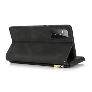 Black leather wallet phone case with zipper pocket and card slots, folding stand design.