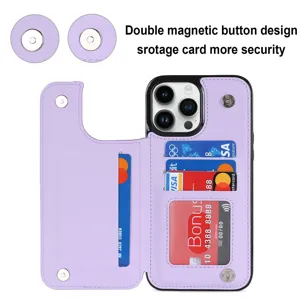 Detail view of the purple leather phone case showing card slots and secure double buttons.