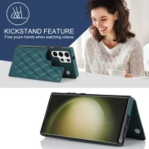 Vista detallada de la funda de cartera de cuero acolchado Samsung S25 Ultra con soporte práctico.