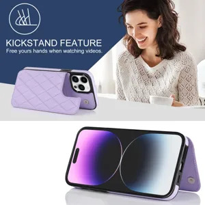 Purple quilted leather phone case with card slot and kickstand feature for iPhone 16 Pro