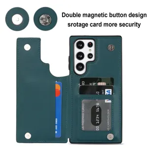Funda de cuero verde para teléfono con tarjetero y doble botón magnético para Samsung Ultra.