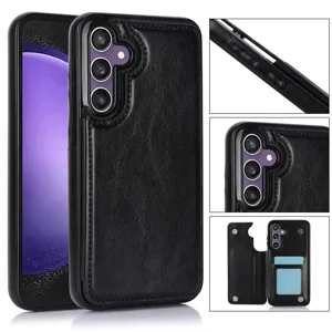 Funda de cuero negro tipo cartera con ranuras para tarjetas y tapa para smartphones.