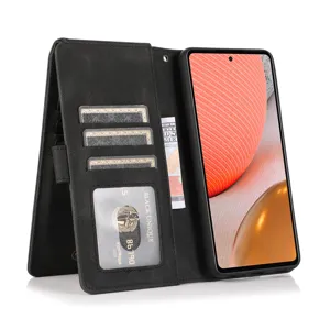 Black leather flip wallet phone case with card slots and cash pocket stand holder.