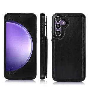 Funda de teléfono de cuero negro premium con múltiples vistas, recortes precisos y diseño.