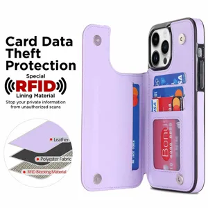 Luxury leather wallet phone case with card slots, RFID blocking flip cover for iPhone.