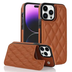 Brown quilted leather card holder phone case detail view with double snap for iPhone.